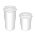 Two vector realistic cups with a lid. High and small. cap for drinks, desserts and yogurt. Vector illustration. mockup container.